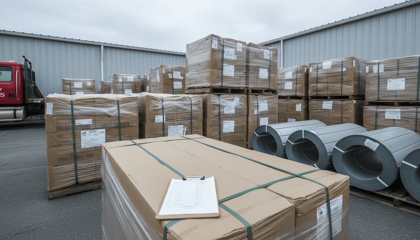 Stacked roofing materials staged on pallets at an Upstate New York commercial supply yard