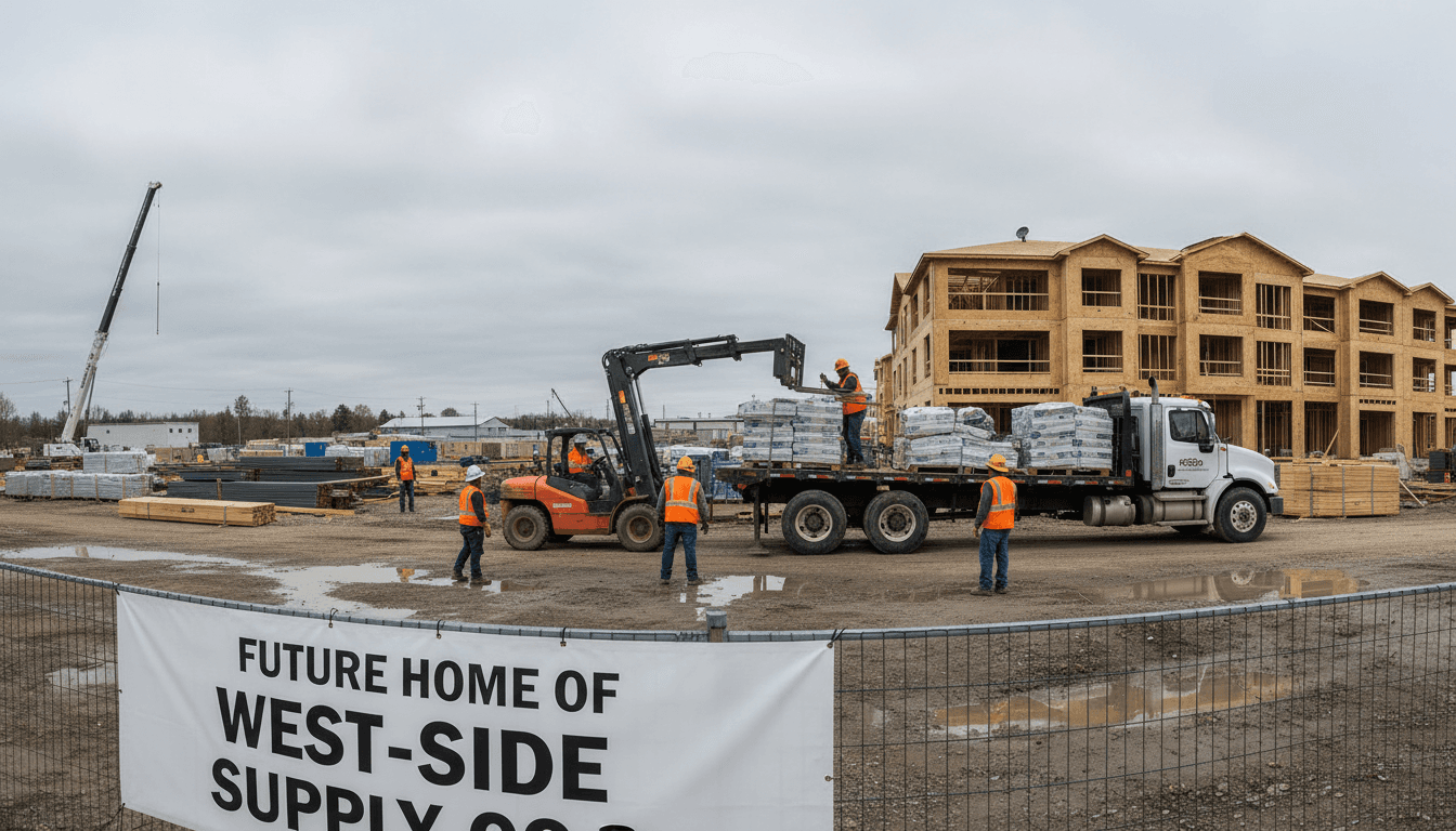 Roofing materials being unloaded at a construction site