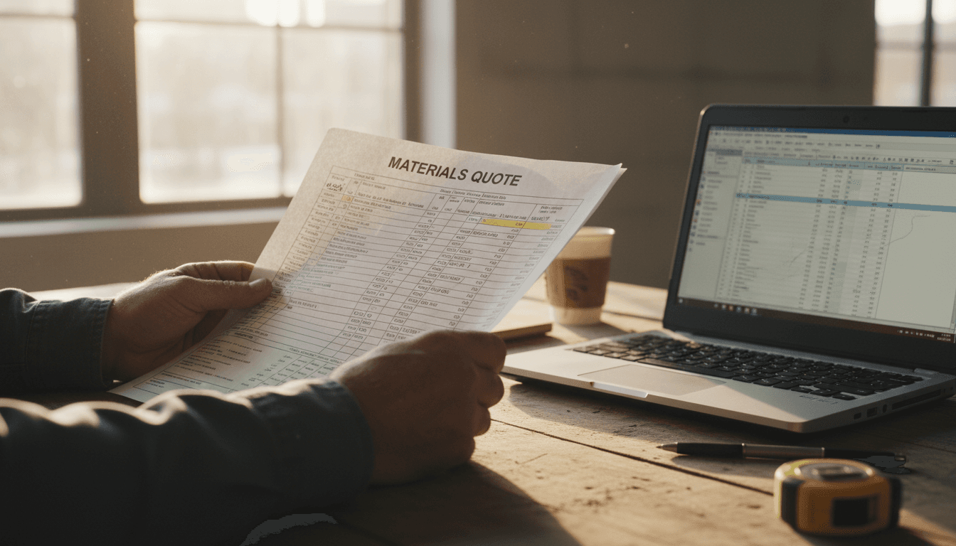 Hands reviewing a printed materials quote beside a laptop in an office