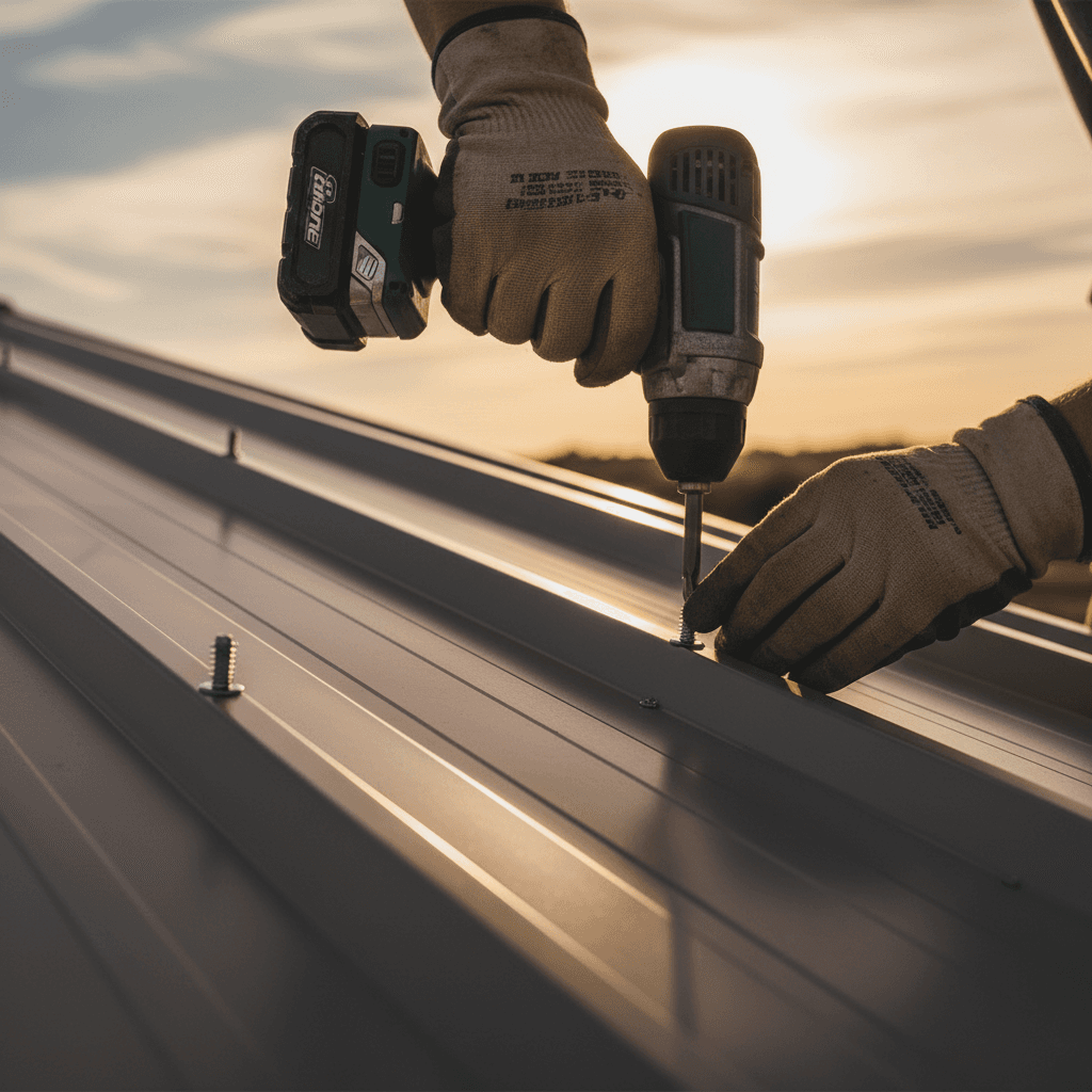 Crew member securing metal flashing along a roof parapet edge