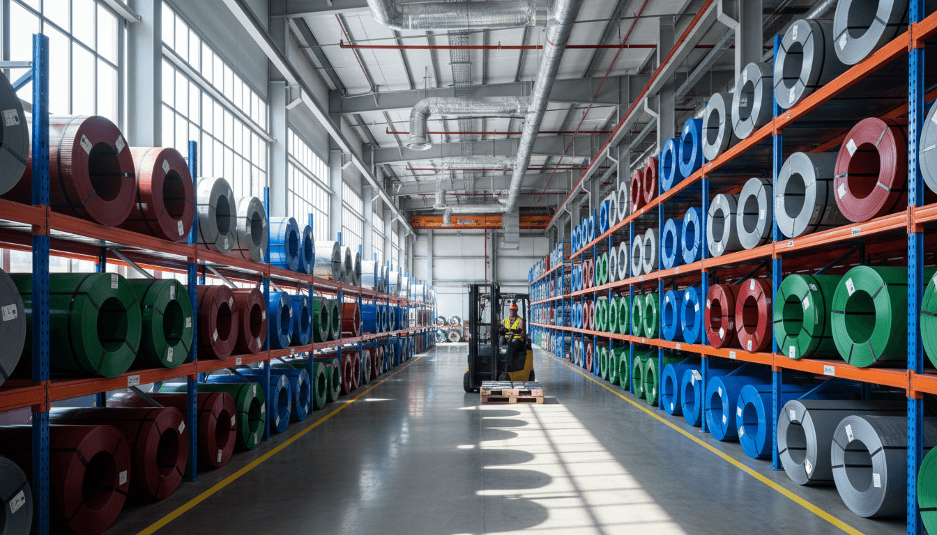 Stacked pallets of roofing materials in a commercial warehouse