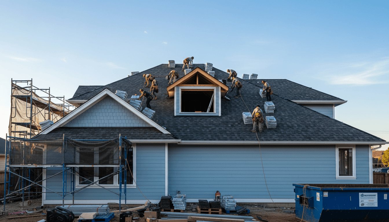 Roofing materials on a pallet at a construction site
