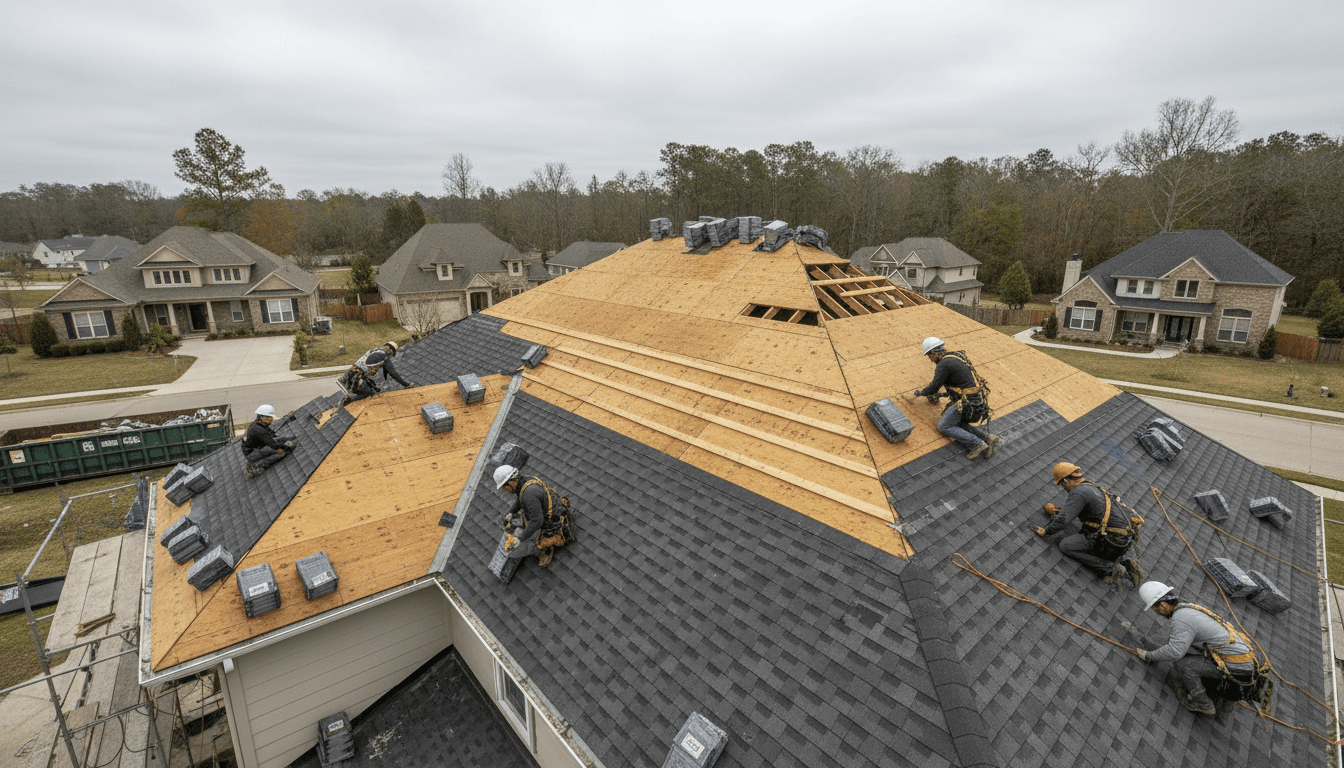 Flatbed truck delivering roofing material bundles to a job site