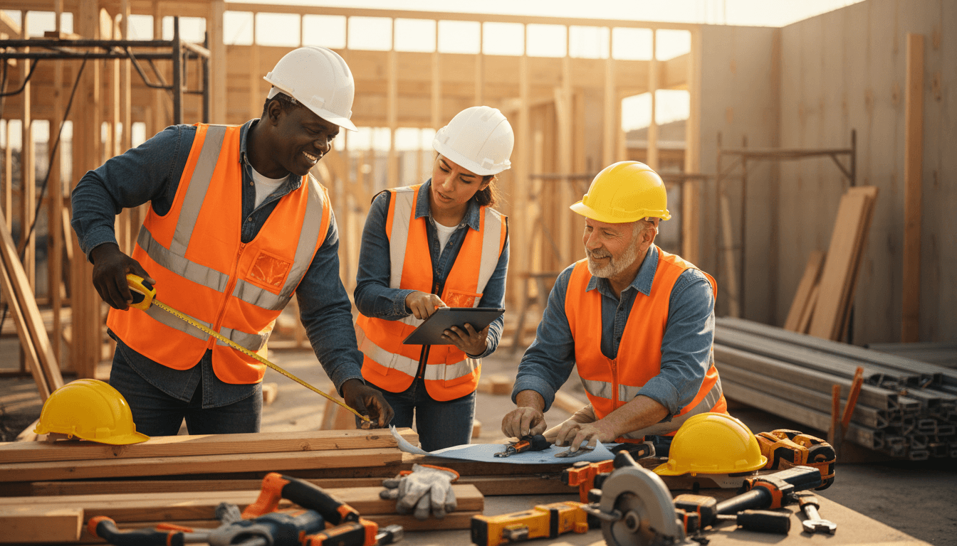 Diverse construction workers collaborating on active job site during golden afternoon light, measuring and reviewing project blueprints