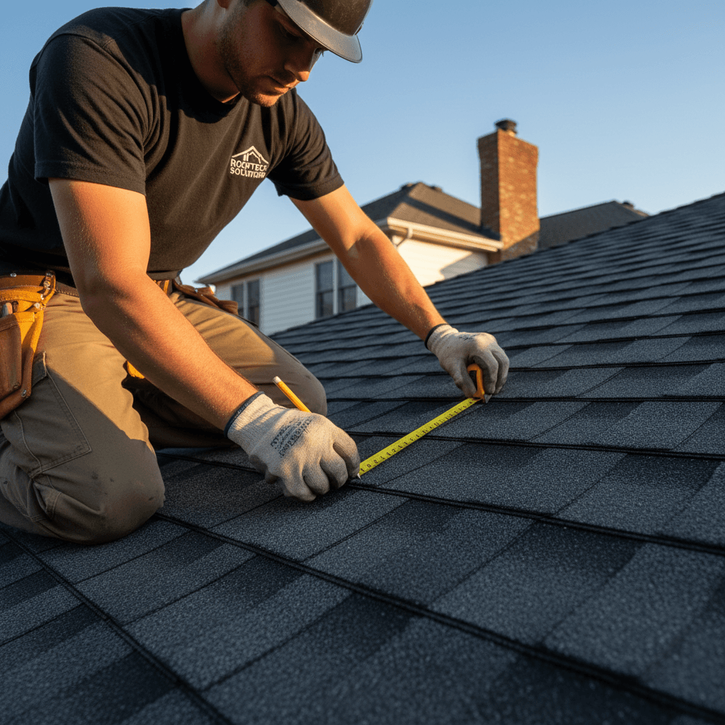 Contractor inspecting a fresh delivery of roofing material pallets