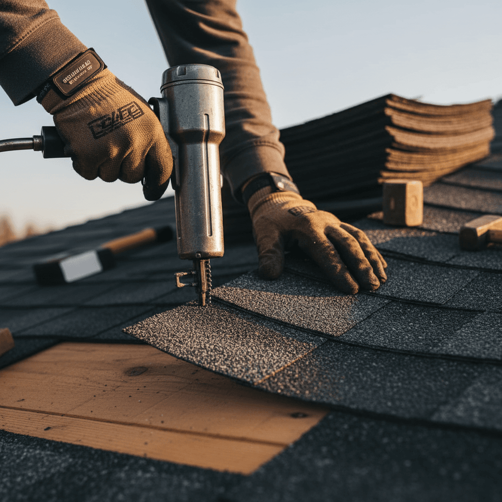 Stacked roofing shingle bundles and metal panels in a supplier yard