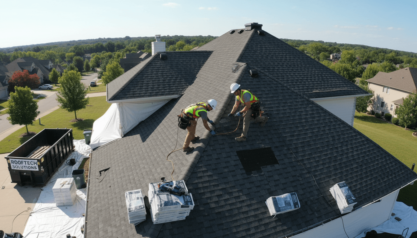 Commercial building roof replacement in progress