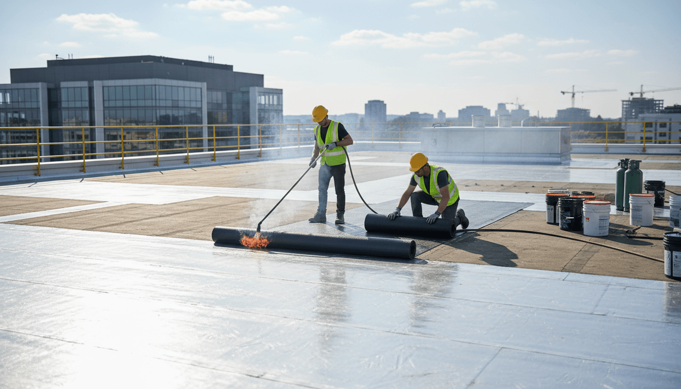 Workers installing rolled roofing membrane on a flat commercial rooftop