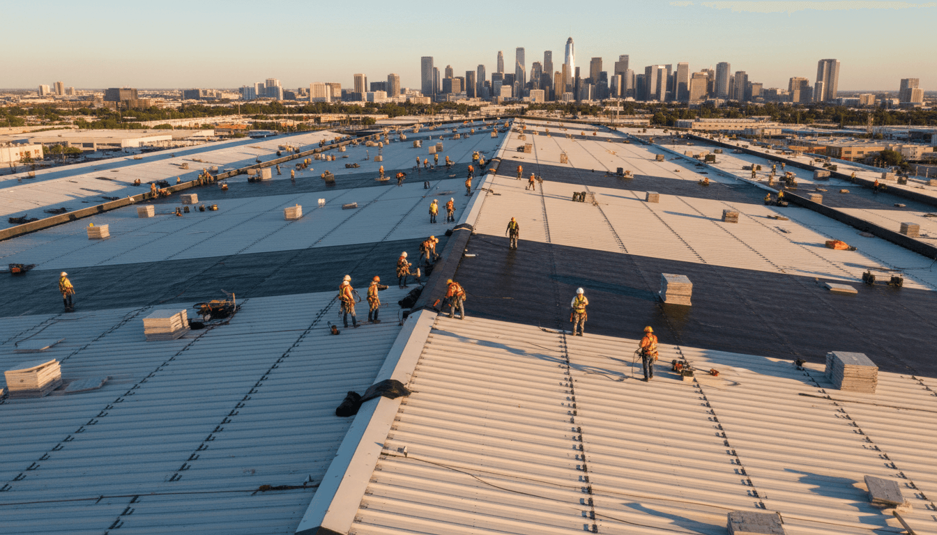 Aerial view of a commercial building roof under active construction