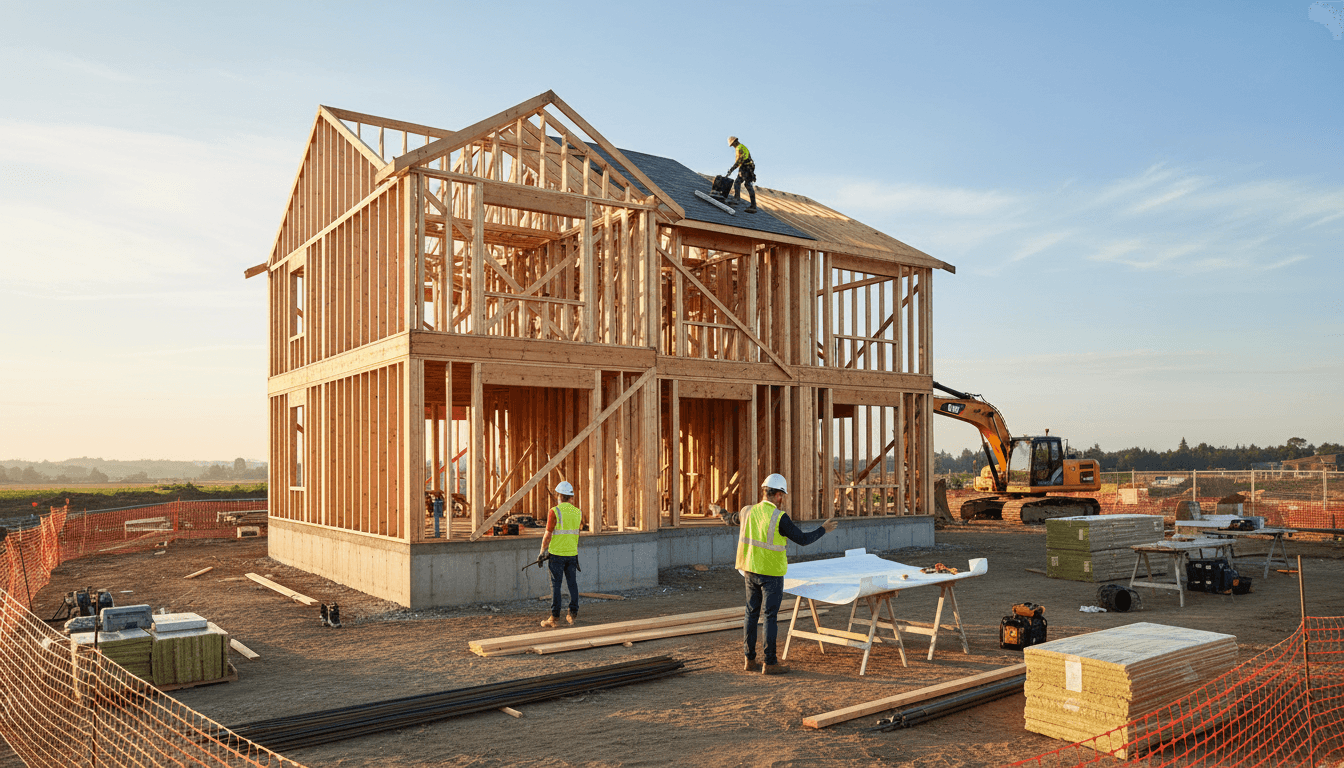 Stacked roofing materials on a construction site