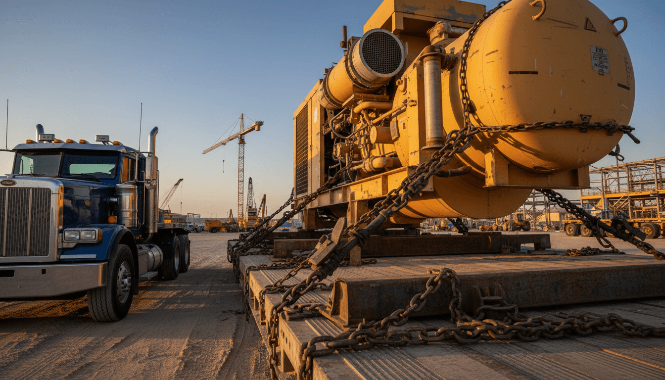 Flatbed truck delivering roofing material bundles to a commercial construction site