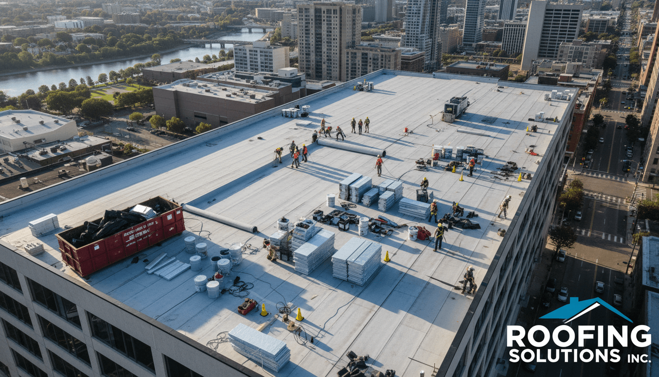 Commercial roofing installation project showing workers and materials across expansive flat roof area