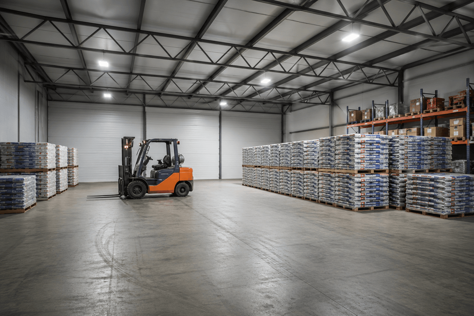 Orange forklift parked in a large warehouse with rows of stacked pallets of bagged goods.